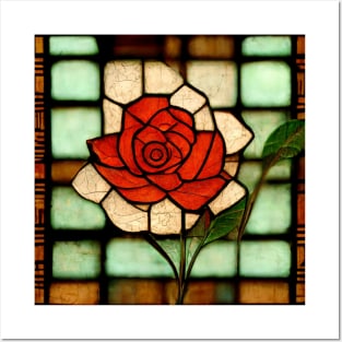 Red Romantic Rose Stained Glass Arts and Crafts Posters and Art